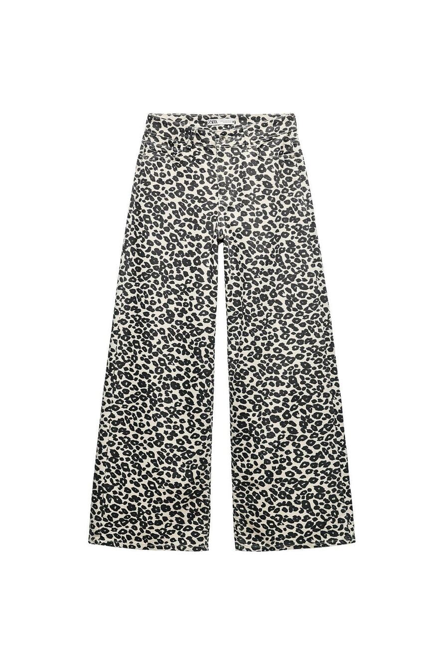 NEW ZARA Baggy Wide Leg Jeans Black Ivory leopard print Jeans US SIZE 4 36